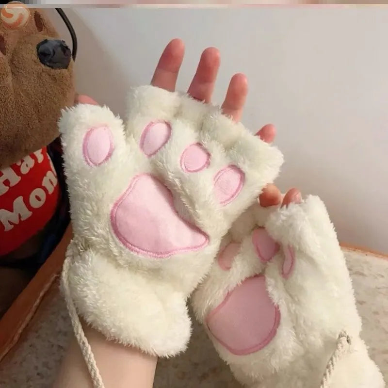 Cute Fluffy Plush Paw Fingerless Gloves