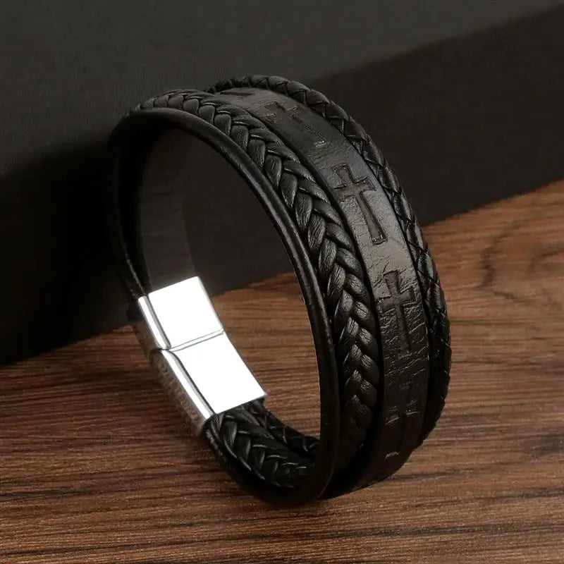 Multi Strand Leather Cross Embossed Bracelet