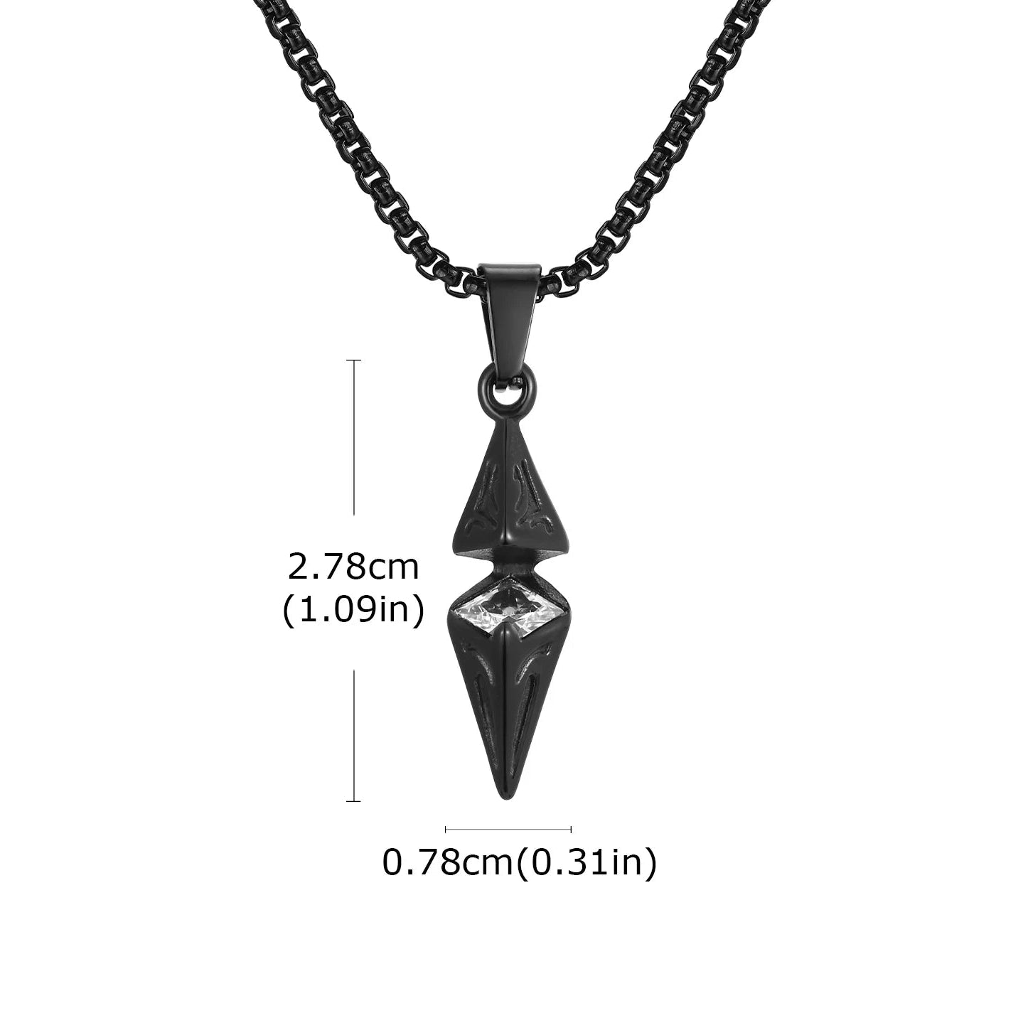 Black pendant necklace with measurements on a white background