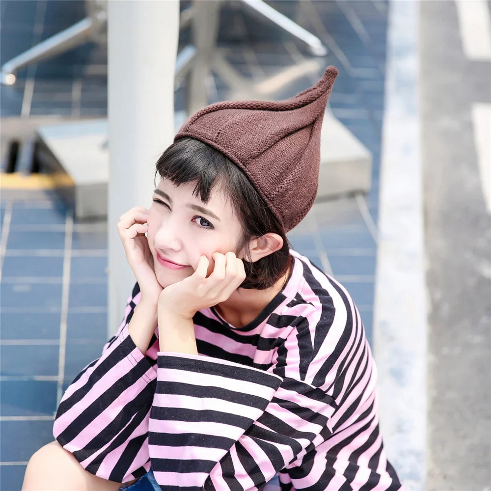 Knitted Beanie Hat with Twist Pointy Tip