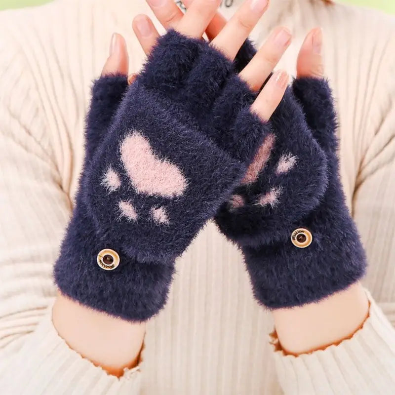 Soft Plush Fingerless Gloves Convertible Mittens