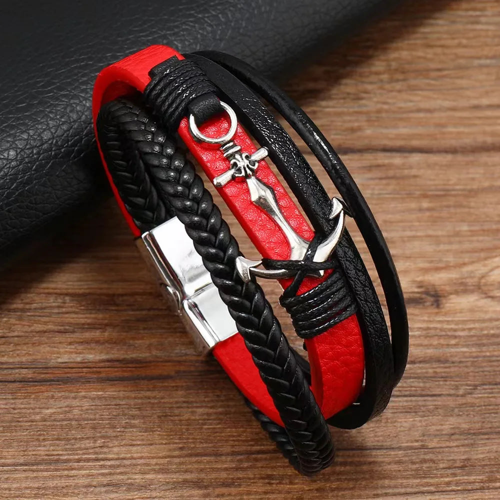 Multi Strand Leather Fashion Bracelet - Anchor