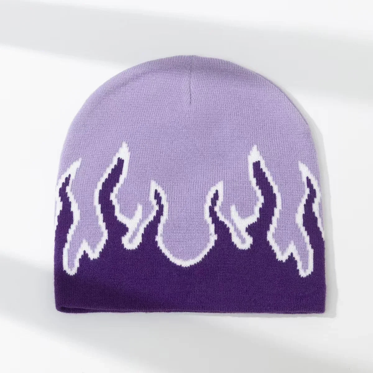 Purple beanie with flame design on a white background