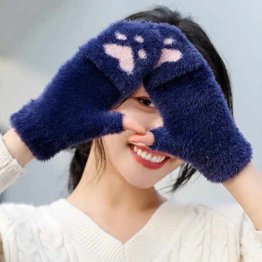 Soft Plush Fingerless Gloves Convertible Mittens