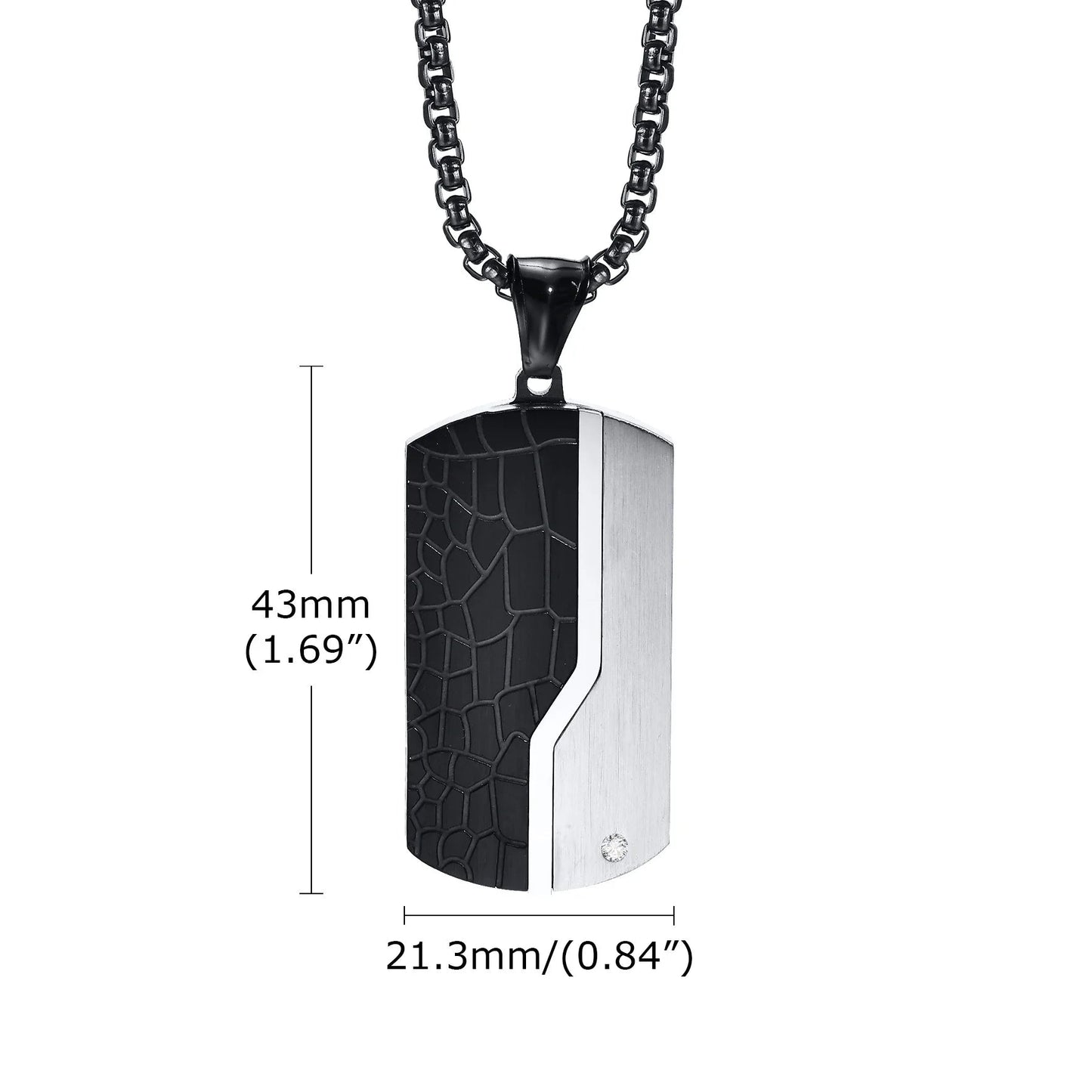 Black and silver pendant necklace with measurements on a white background