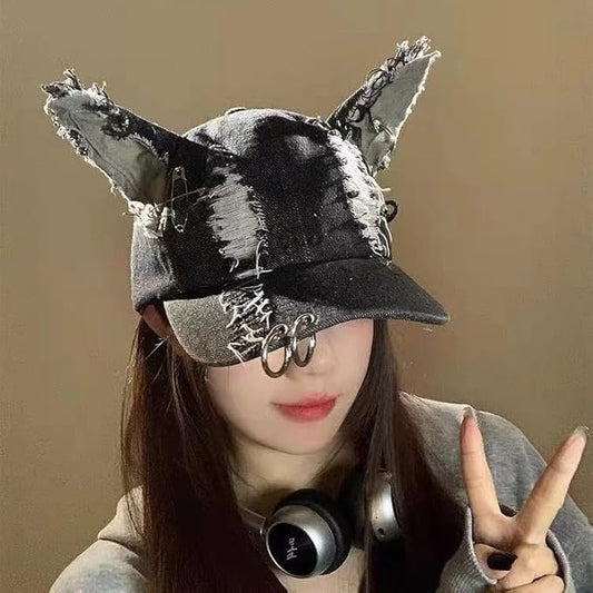 3D Ears Punk Ripped Denim Baseball Cap