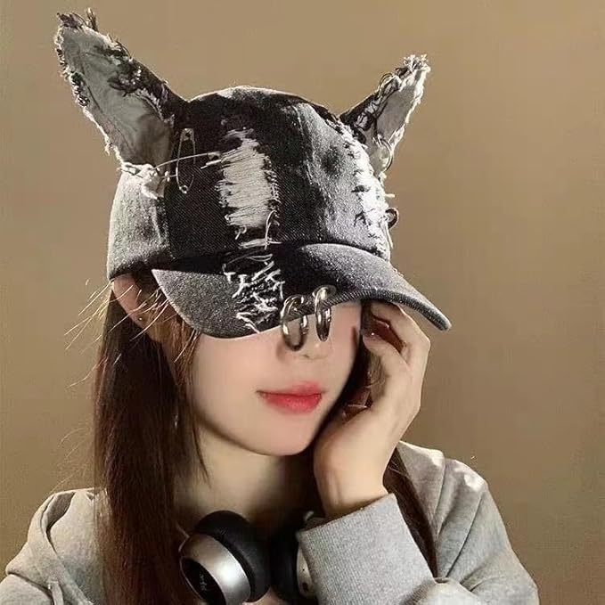 3D Ears Punk Ripped Denim Baseball Cap