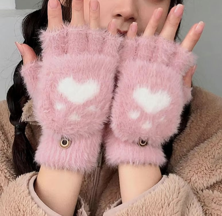 Soft Plush Fingerless Gloves Convertible Mittens