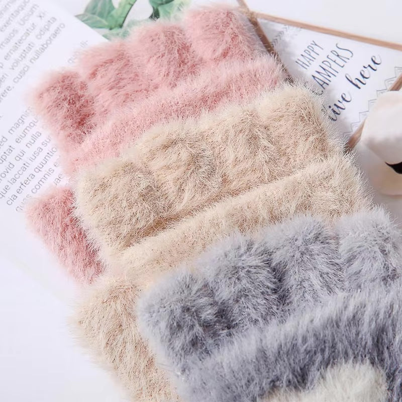 Soft Plush Fingerless Gloves Convertible Mittens