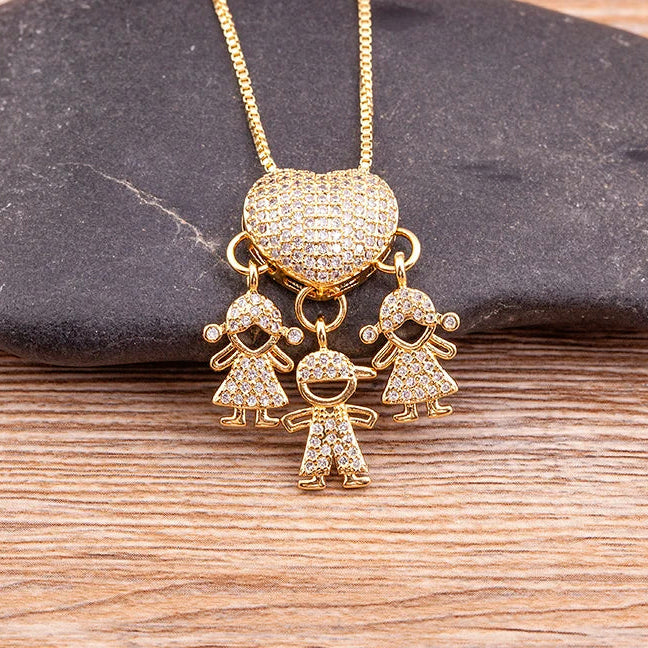 Cubic Zirconia Love Heart Family Pendant Necklace