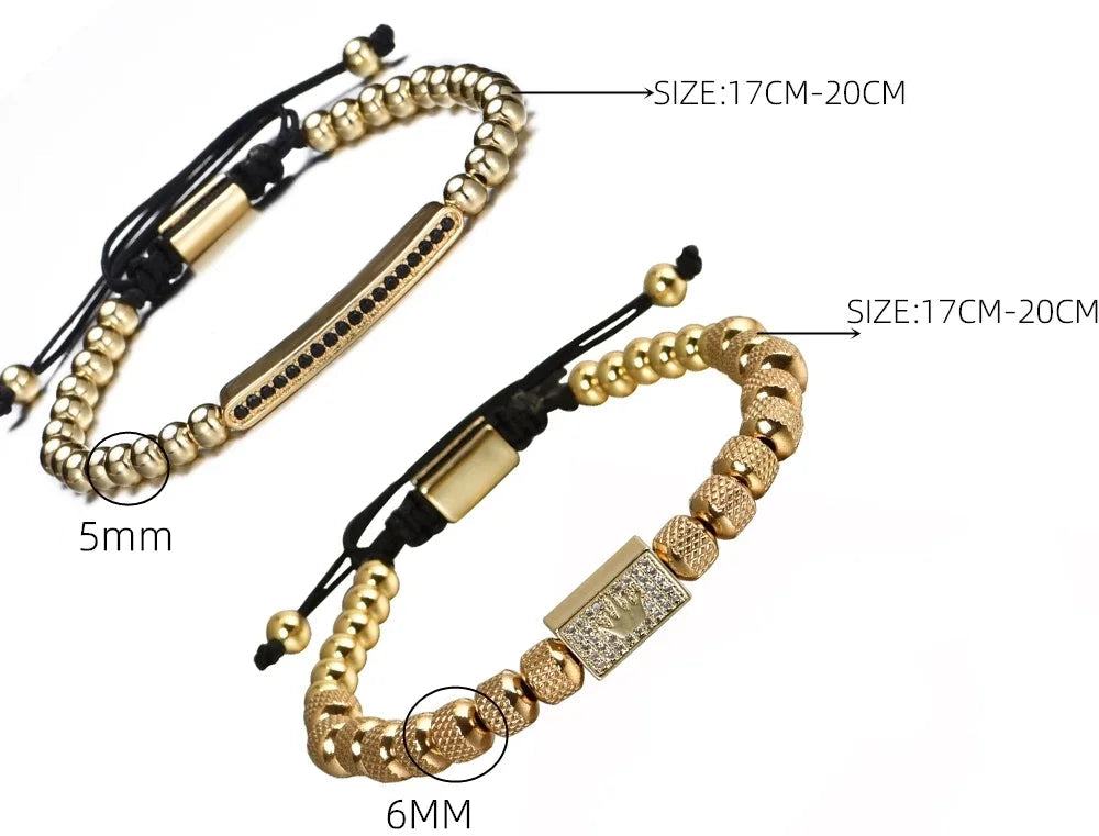 Two gold beaded bracelets with adjustable sizing on a white background