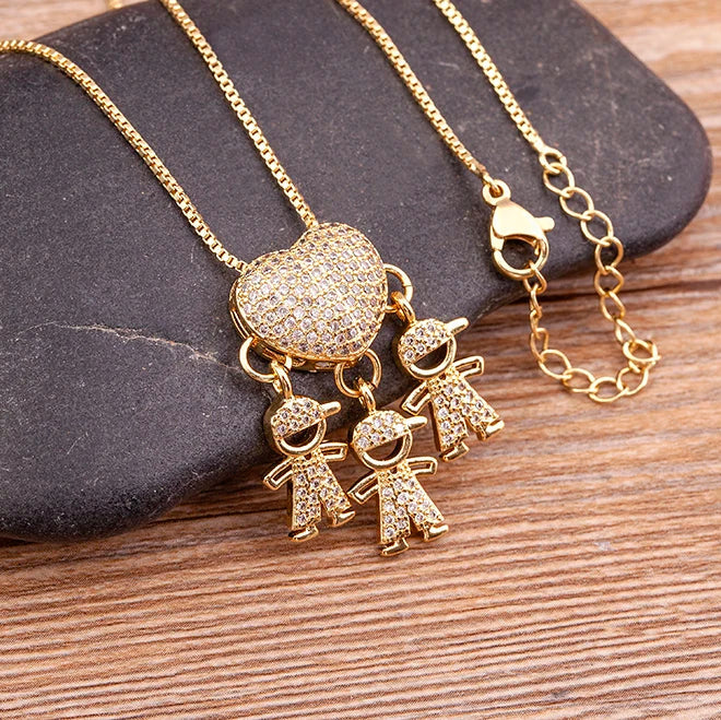 Cubic Zirconia Love Heart Family Pendant Necklace