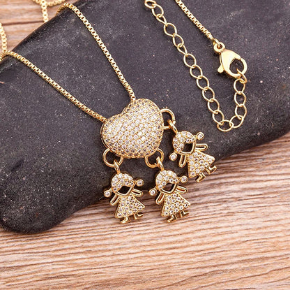 Cubic Zirconia Love Heart Family Pendant Necklace