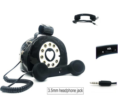 Vintage-style phone with coiled handset and 3.5mm headphone jack.