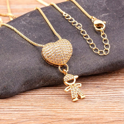 Cubic Zirconia Love Heart Family Pendant Necklace