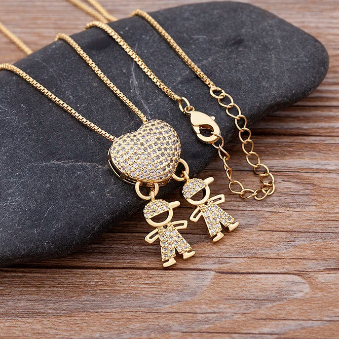 Cubic Zirconia Love Heart Family Pendant Necklace