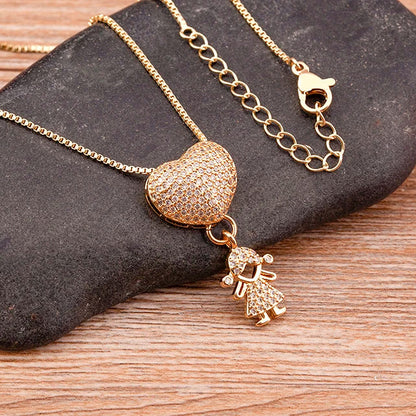 Cubic Zirconia Love Heart Family Pendant Necklace