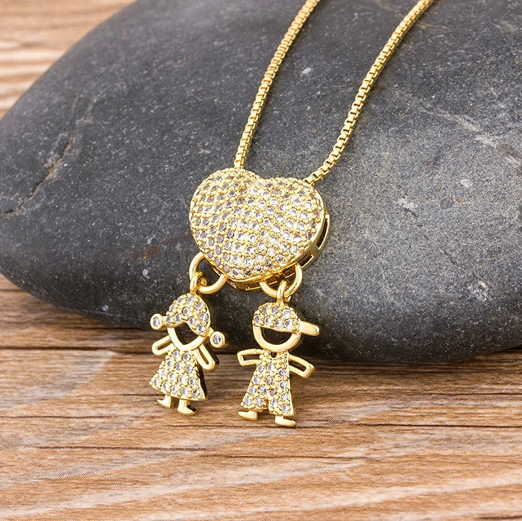 Cubic Zirconia Love Heart Family Pendant Necklace