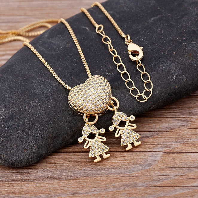 Cubic Zirconia Love Heart Family Pendant Necklace