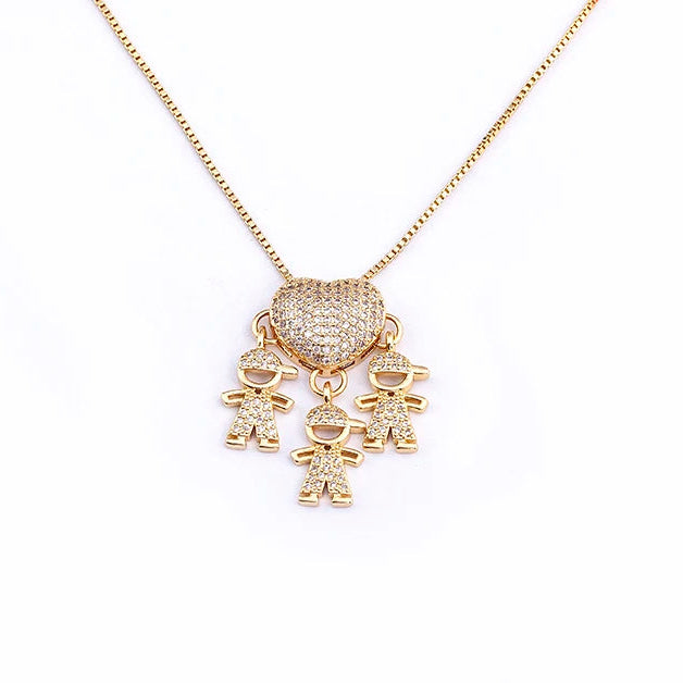Gold necklace with heart pendant and baby-themed charms on a white background
