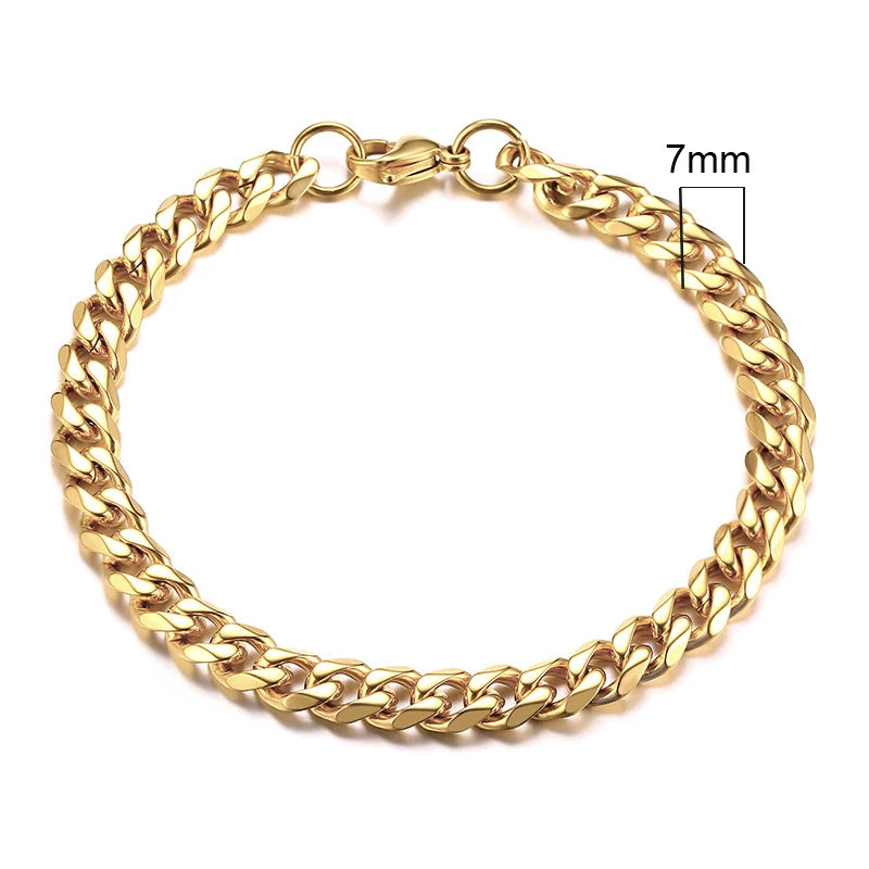 Curb Link Chain Stainless Steel Bracelet in Gold - 7mm
