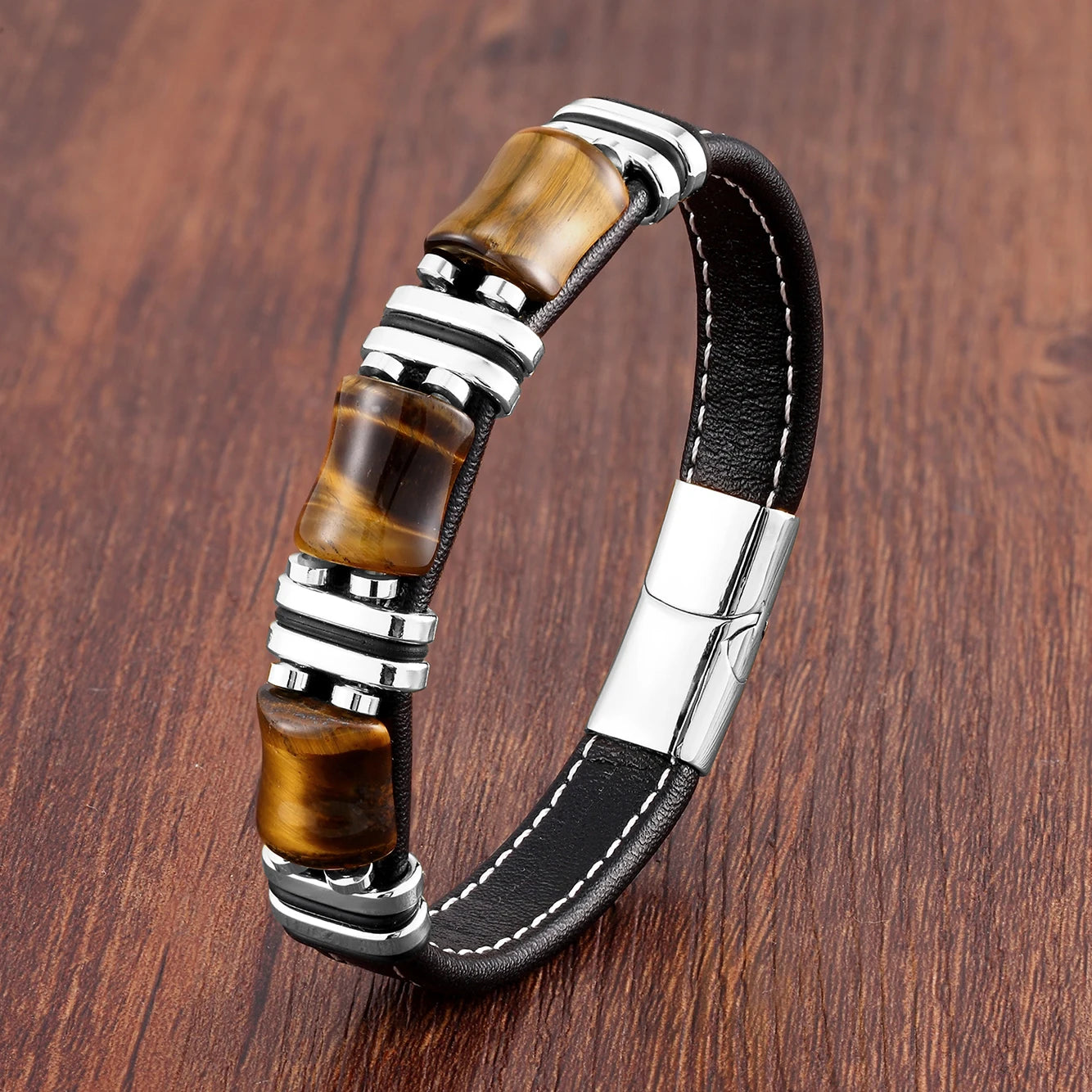 Natural Stone Tiger Eye Leather Bracelet