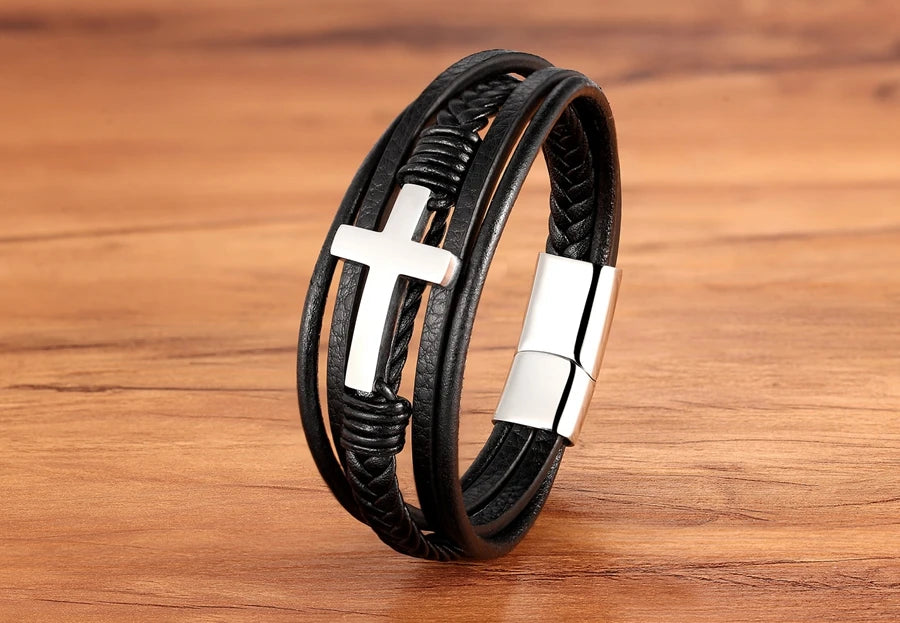 Braided Leather Cross Bracelet