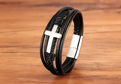 Braided Leather Cross Bracelet
