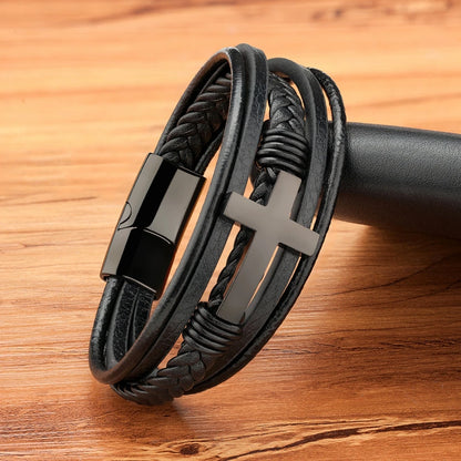 Braided Leather Cross Bracelet