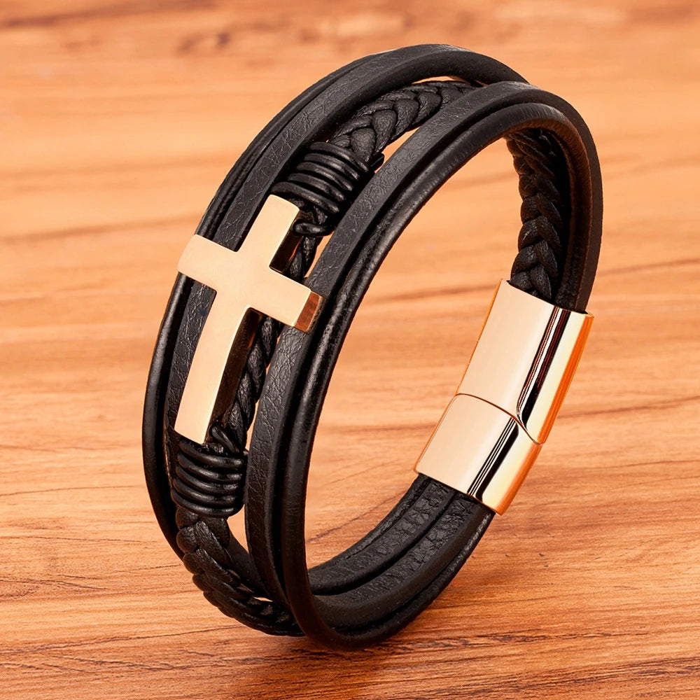 Braided Leather Cross Bracelet