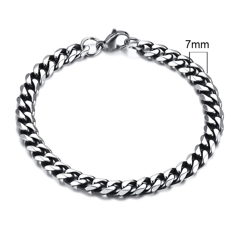 Curb Link Chain Stainless Steel Bracelet in Vintage Silver - 7mm