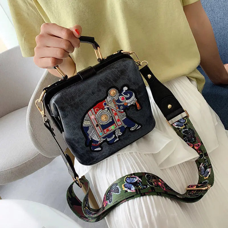 Elephant Embroidered Crossbody Bag