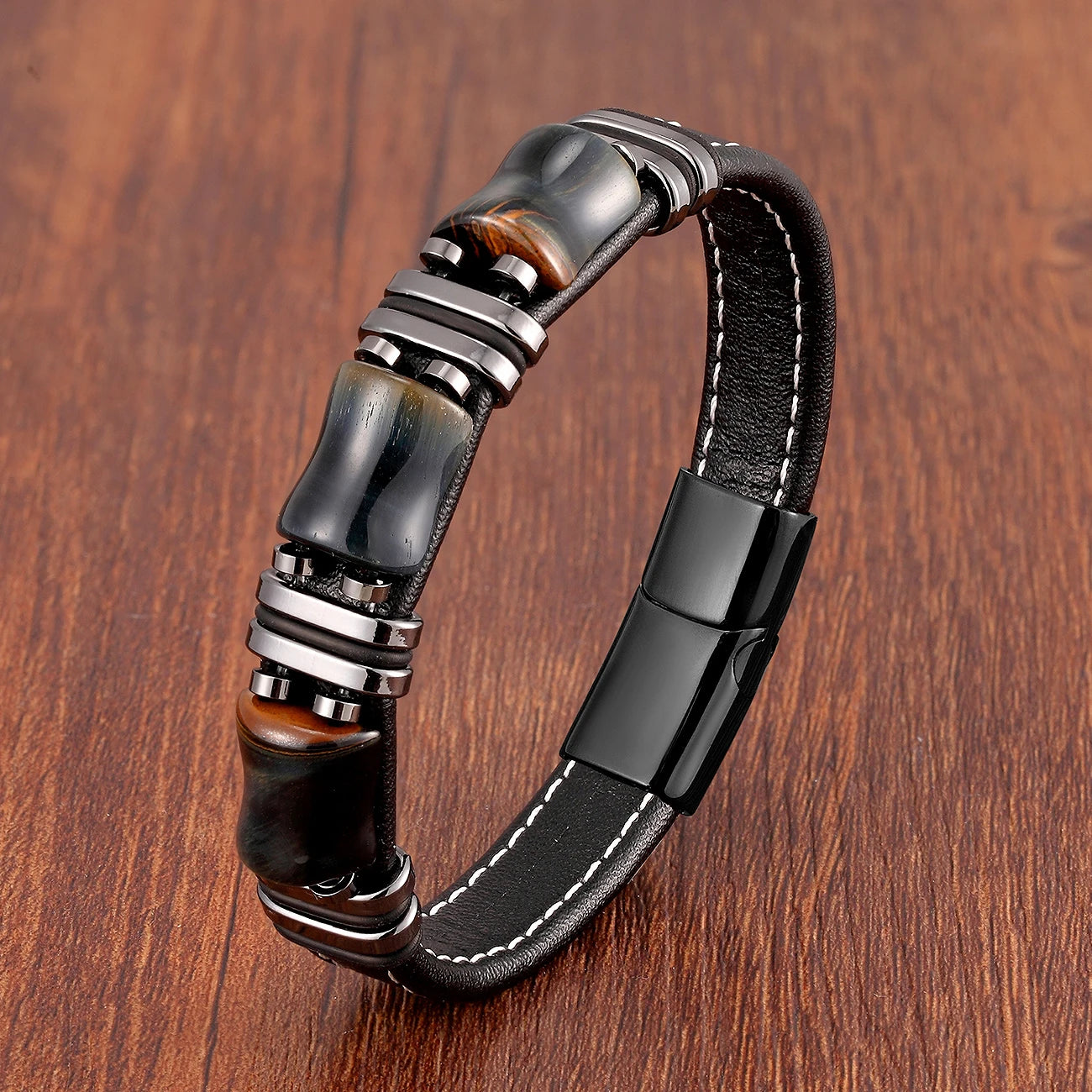 Natural Stone Tiger Eye Leather Bracelet