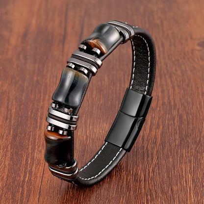 Natural Stone Tiger Eye Leather Bracelet
