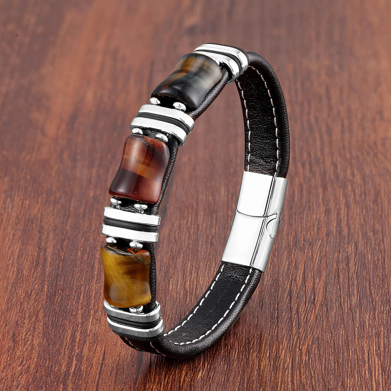 Natural Stone Tiger Eye Leather Bracelet