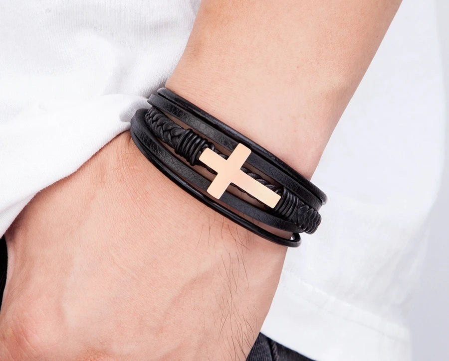 Braided Leather Cross Bracelet