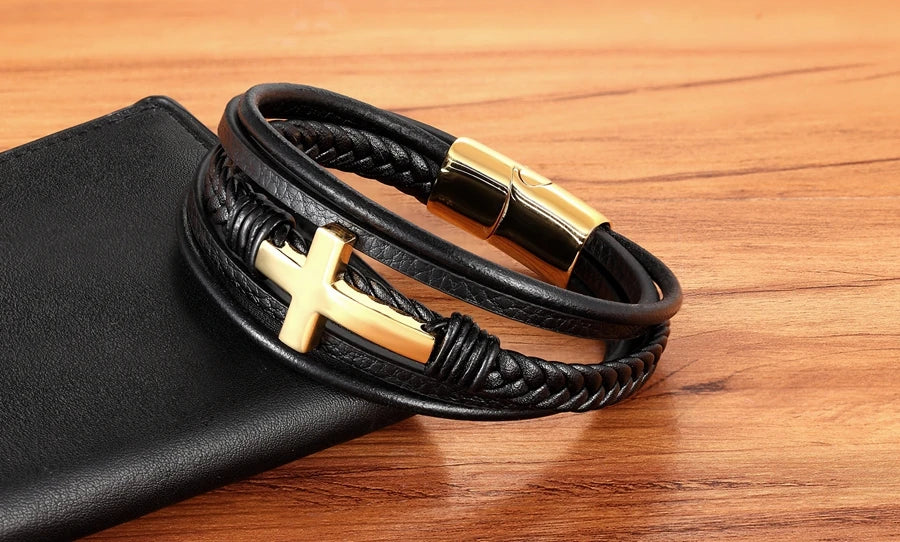Braided Leather Cross Bracelet