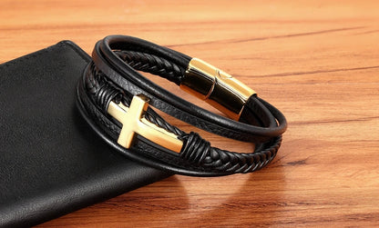 Braided Leather Cross Bracelet