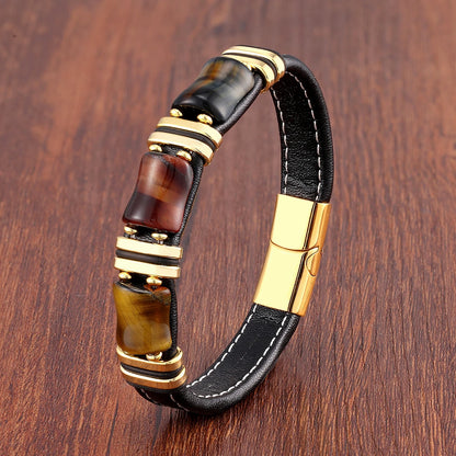 Natural Stone Tiger Eye Leather Bracelet
