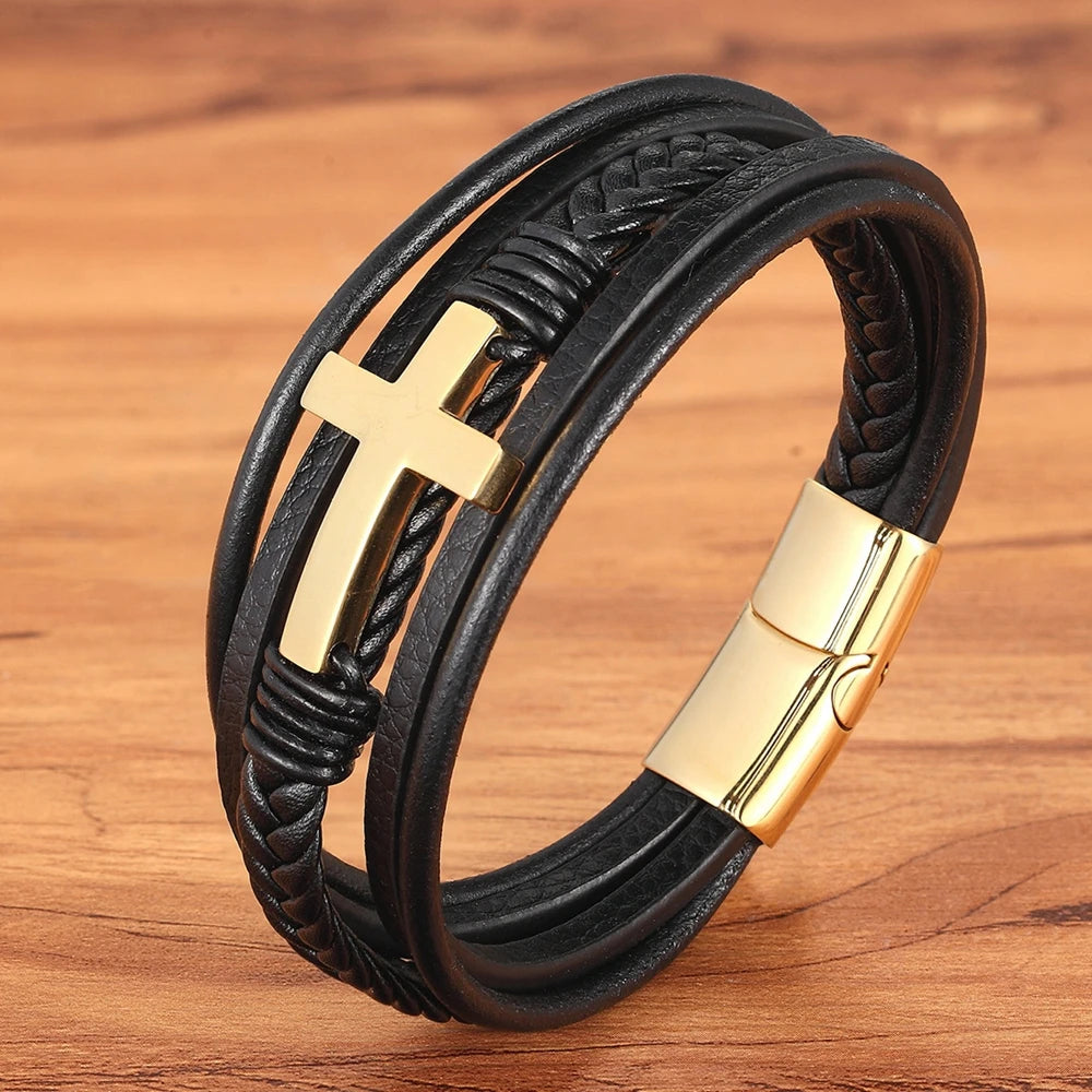 Braided Leather Cross Bracelet