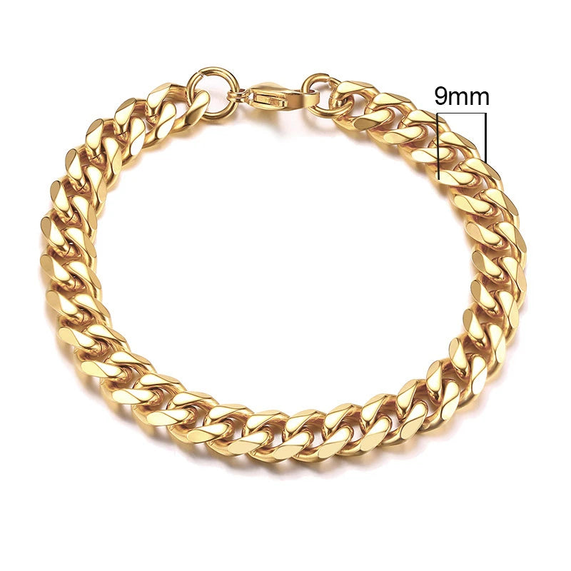 Curb Link Chain Stainless Steel Bracelet in Gold - 9mm