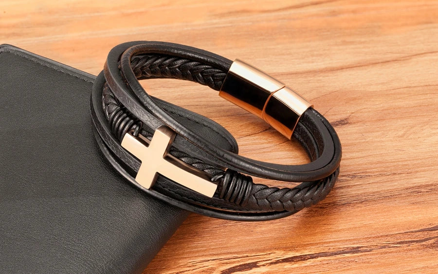 Braided Leather Cross Bracelet