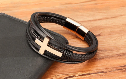 Braided Leather Cross Bracelet