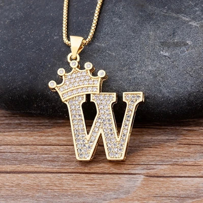 Cubic Zirconia Crown Initials Pendant Necklace