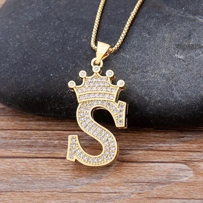 Cubic Zirconia Crown Initials Pendant Necklace