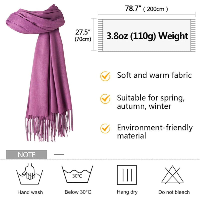 Purple scarf with measurements, weight, and care instructions on a white background