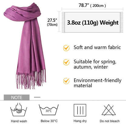 Purple scarf with measurements, weight, and care instructions on a white background