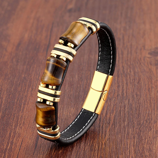 Natural Stone Tiger Eye Leather Bracelet