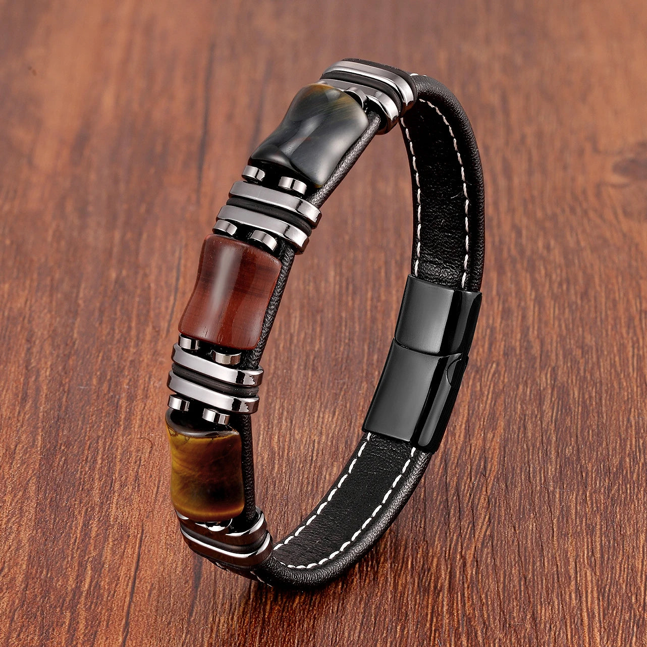 Natural Stone Tiger Eye Leather Bracelet