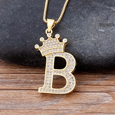 Cubic Zirconia Crown Initials Pendant Necklace